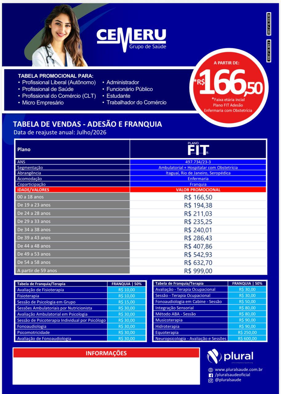 Tabela promocional de planos Cemeru